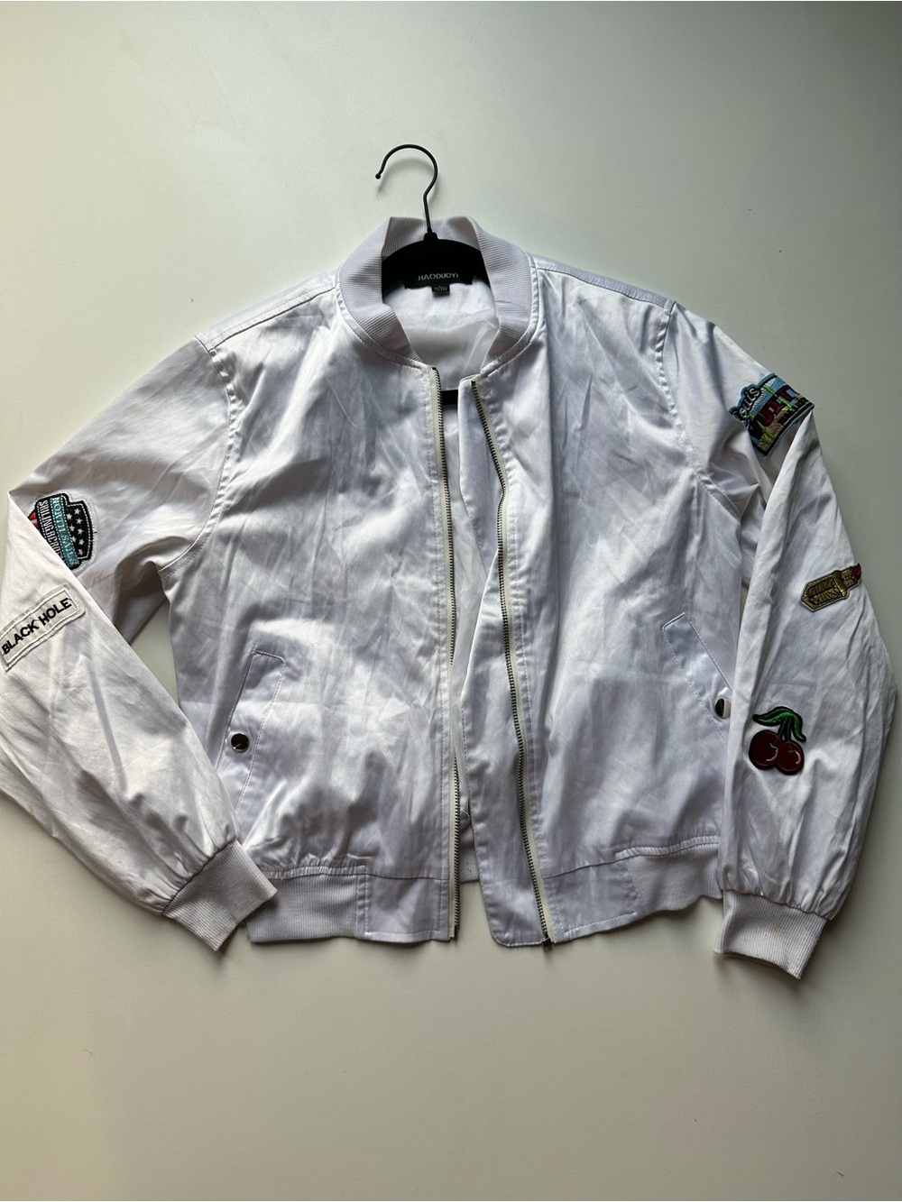 White Bomber Jacket with Fun Patch Details-No Zipper